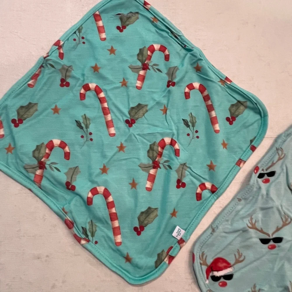 Posh Peanut Festive holiday Bib Set - Teal candy cane and turquoise reindeer